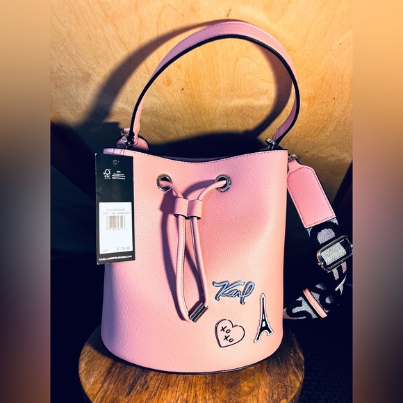 NEW! Karl Lagerfeld Paris Blush Pink Drawstring Bucket Hand Bag - Picture 3 of 7